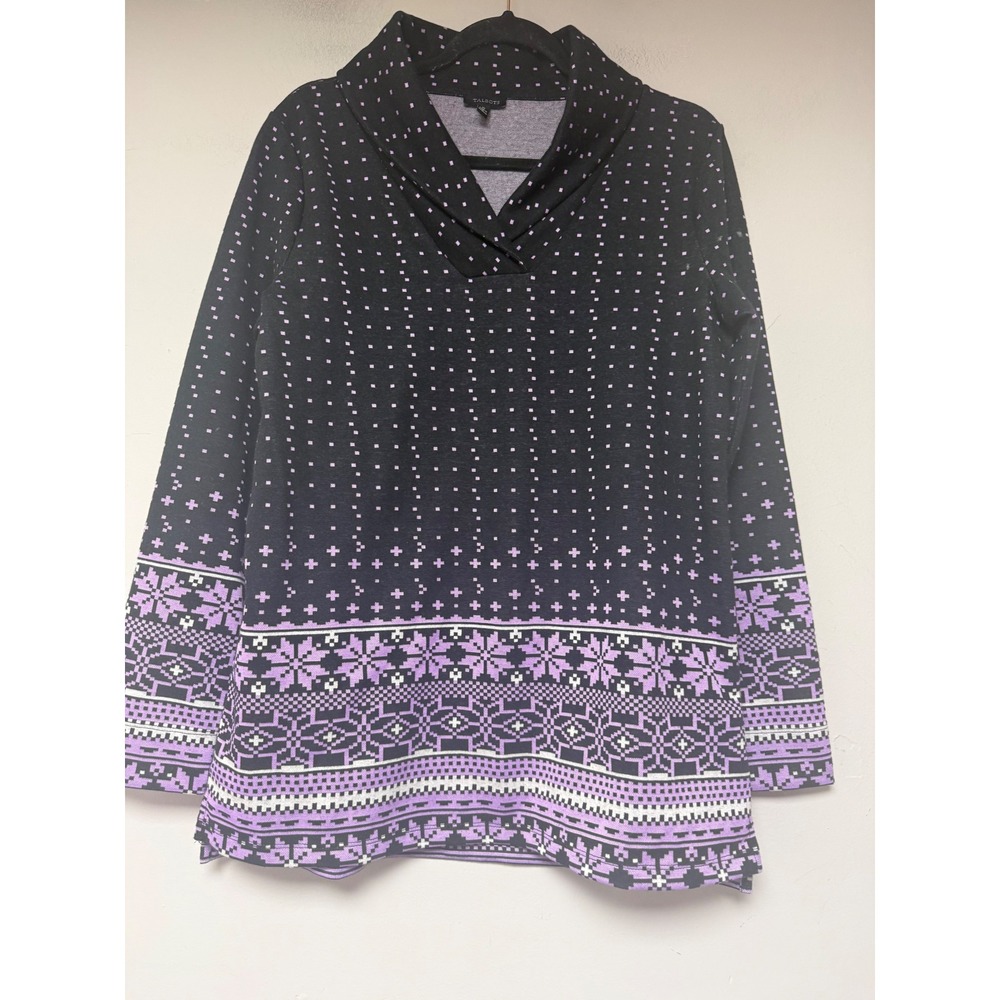 Talbots Tunic Sweater Womens Medium Black Purple Fair‎ Isle Shawl Collar